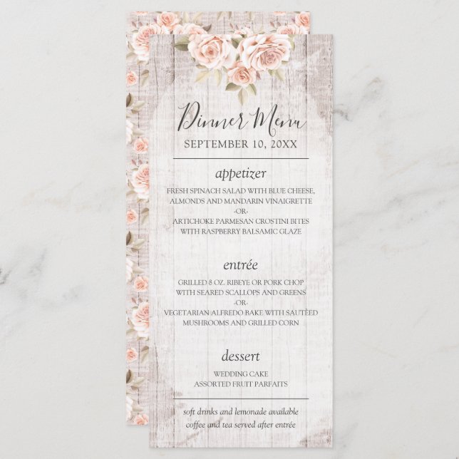  Rustic Wood Romantic Shabby Roses Wedding Menu (Front/Back)