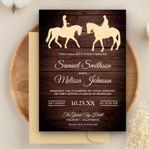 Rustic Wood Romantic Western Horse Riders Wedding Invitation