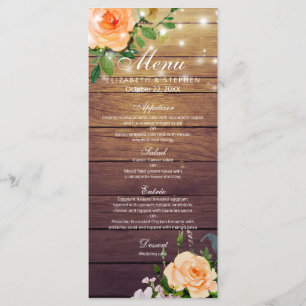 Rustic Wood Rose Floral String Lights Wedding Menu