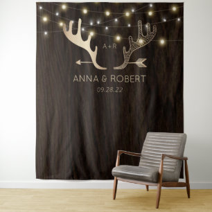 Rustic Wood Rose Gold Antlers Arrow Wedding Tapestry