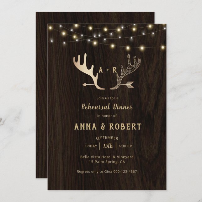 Rustic Wood Rose Gold Antlers Rehearsal Dinner Invitation (Front/Back)