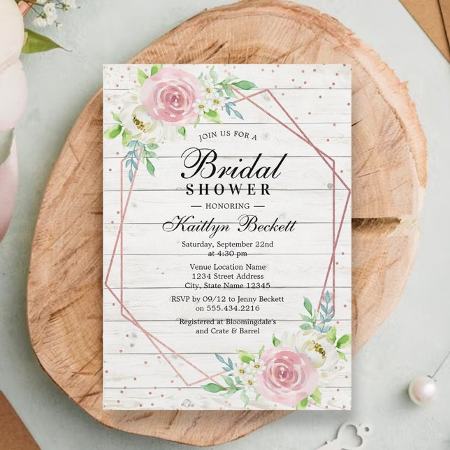 Rustic Wood Rose Gold Foil Floral Bridal Shower Invitation (Creator Uploaded)