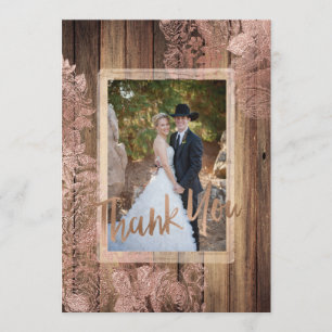 Rustic Wood Rose Lace Wedding Photo Thank You Card
