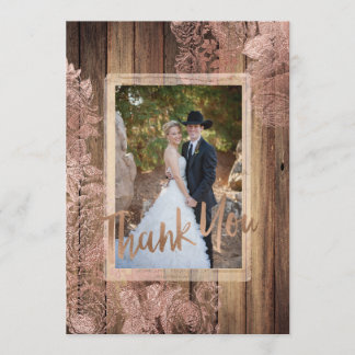Rustic Wood Rose Lace Wedding Photo Thank You Card
