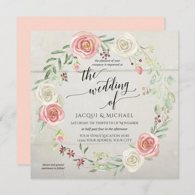 Rustic Wood Rose Wreath Foliage Wedding Watercolor Invitation (Front/Back)