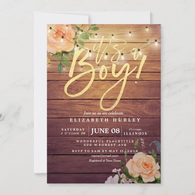Rustic Wood Roses Floral String Light Baby Shower Invitation (Front)