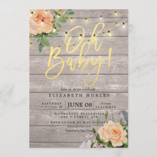 Rustic Wood Roses Floral String Light Baby Shower Invitation