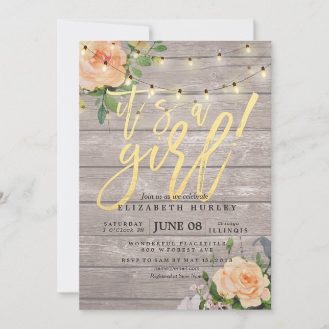 Rustic Wood Roses Floral String Light Baby Shower Invitation (Front)