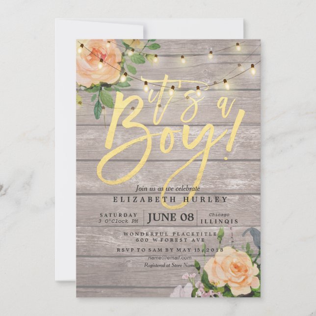 Rustic Wood Roses Floral String Light Baby Shower Invitation (Front)