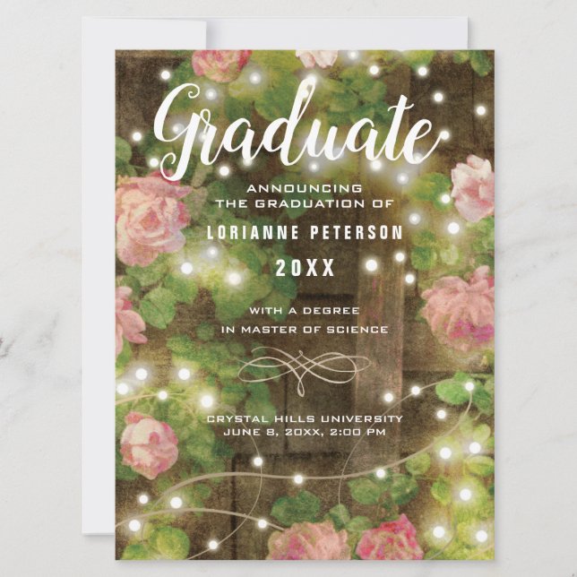 Rustic Wood Roses Floral String Lights Graduation Announcement (Front)