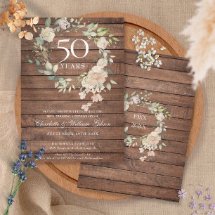 Rustic Wood Roses Garland 50th Wedding Anniversary Invitation