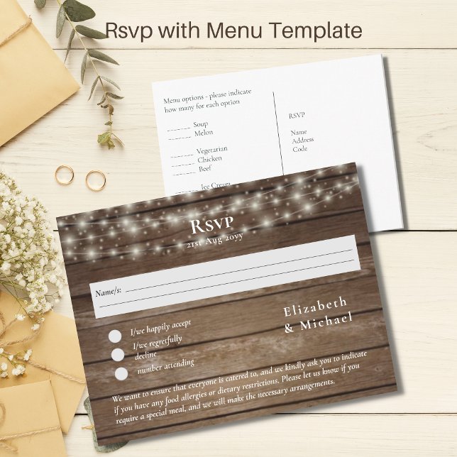 Rustic Wood RSVP with Menu Template Postcard (Creator Uploaded)