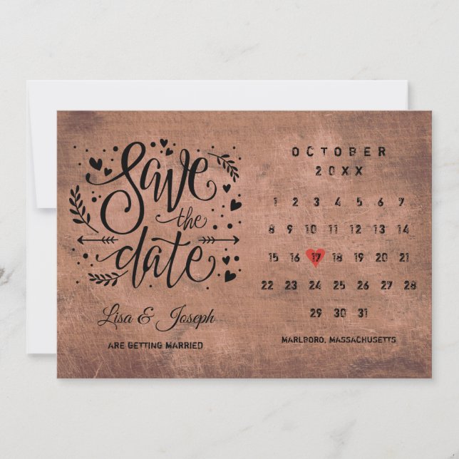 Rustic Wood Save the Date Calendar Red Love Heart (Front)