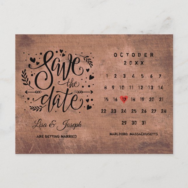 Rustic Wood Save the Date Calendar Red Love Heart Announcement Postcard (Front)