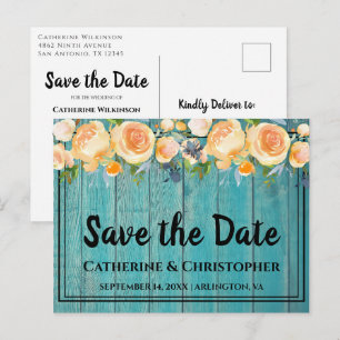 Rustic Wood Save the Date Peach Rose Announcement Postcard