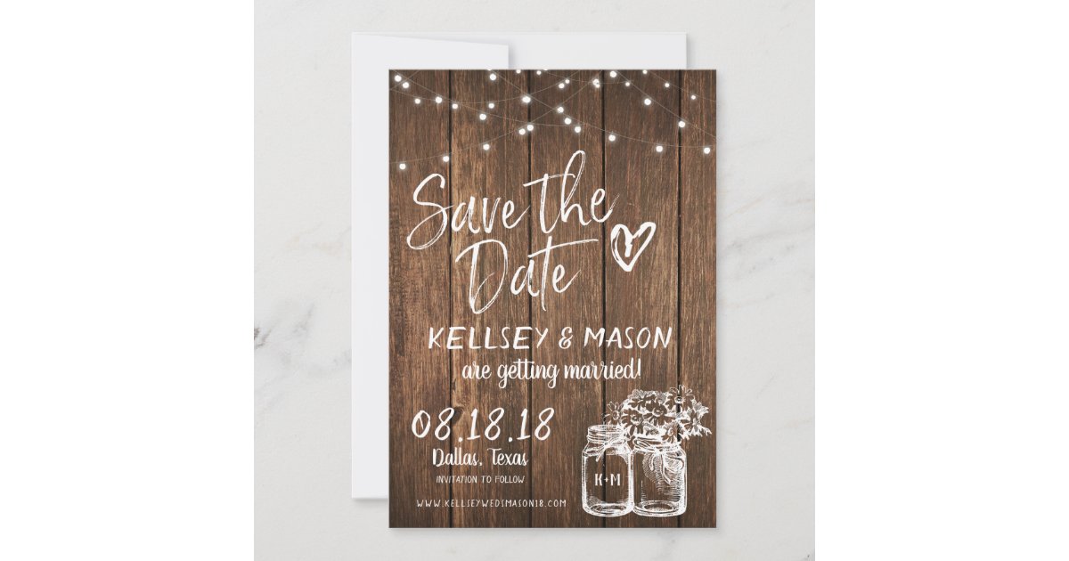 Rustic Wood Save the Date with Mason Jars & Lights Invitation | Zazzle