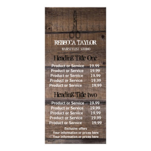 Rustic Wood Scissor Salon Pricing & Service Rack Card