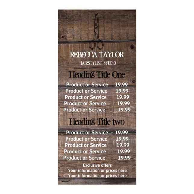 Rustic Wood Scissor Salon Pricing & Service Rack Card (Front)