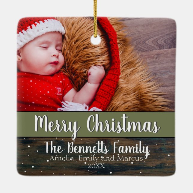Rustic Wood Script Merry Christmas Holiday Photo Ceramic Ornament (Back)