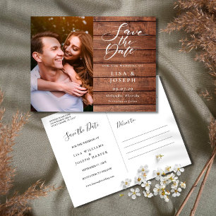 Rustic Wood Script Photo Wedding Save the Date Postcard