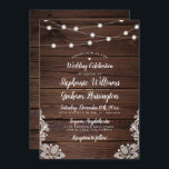 Rustic Wood Script String Lights & Lace Wedding Invitation<br><div class="desc">Rustic Wood Script String Lights & Lace Wedding Invitation. This design features a realistic wooden background with string lights on the top and beautiful delicate lace in the bottom corners. Customise this design by clicking the "personalise" button and typing into the text boxes. Once you've finished adding your details, be...</div>