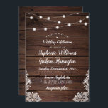 Rustic Wood Script String Lights & Lace Wedding Invitation<br><div class="desc">Rustic Wood Script String Lights & Lace Wedding Invitation. This design features a realistic wooden background with string lights on the top and beautiful delicate lace in the bottom corners. Customise this design by clicking the "personalise" button and typing into the text boxes. Once you've finished adding your details, be...</div>