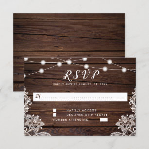 Rustic Wood Script String Lights & Lace Wedding RSVP Card