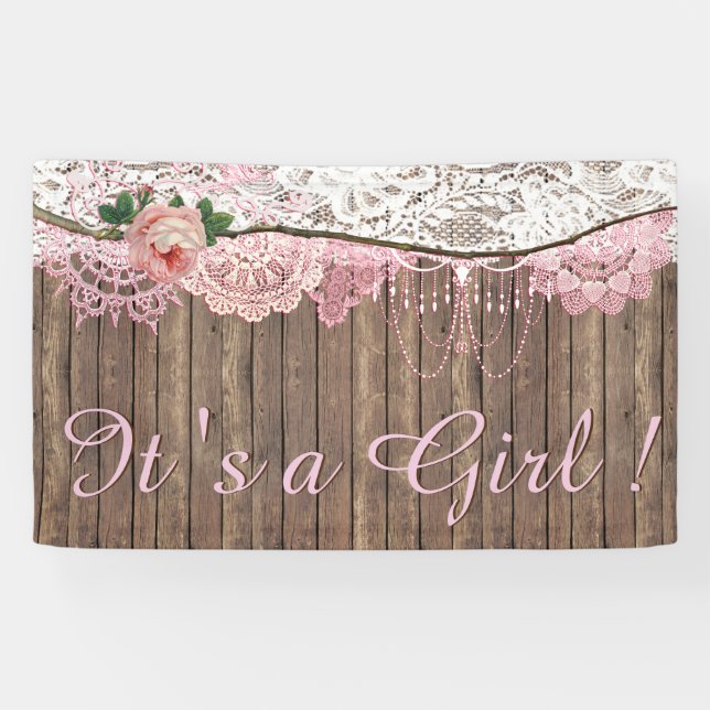 Rustic Wood Shabby Chic Pink Lace Girl Baby Shower Banner (Horizontal)