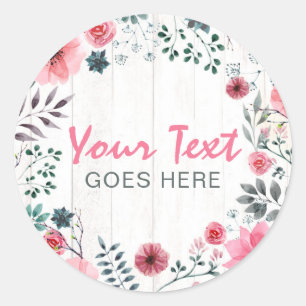 Rustic Wood Shabby Chic Pink Roses Anemone Floral Classic Round Sticker