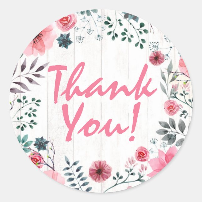 Rustic Wood Shabby Chic Pink Roses Thank You Classic Round Sticker (Front)