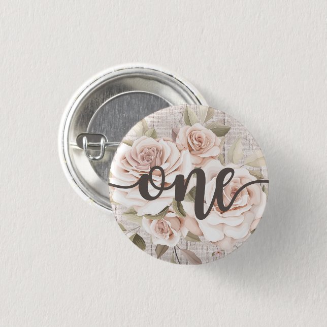 Rustic Wood & Shabby Chic Roses 1st Birthday Party 3 Cm Round Badge (Front & Back)