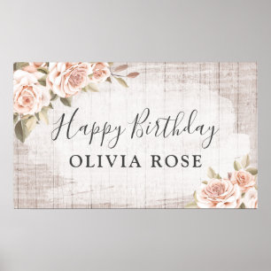 Rustic Wood & Shabby Chic Roses Floral Birthday Poster
