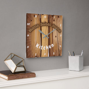 Rustic Wood Sign Square Wall Clock