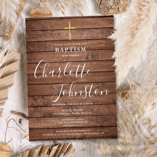 Rustic Wood Signature Script Baptism Christening Invitation (Rustic Wood Signature Script Baptism Christening Invitation)