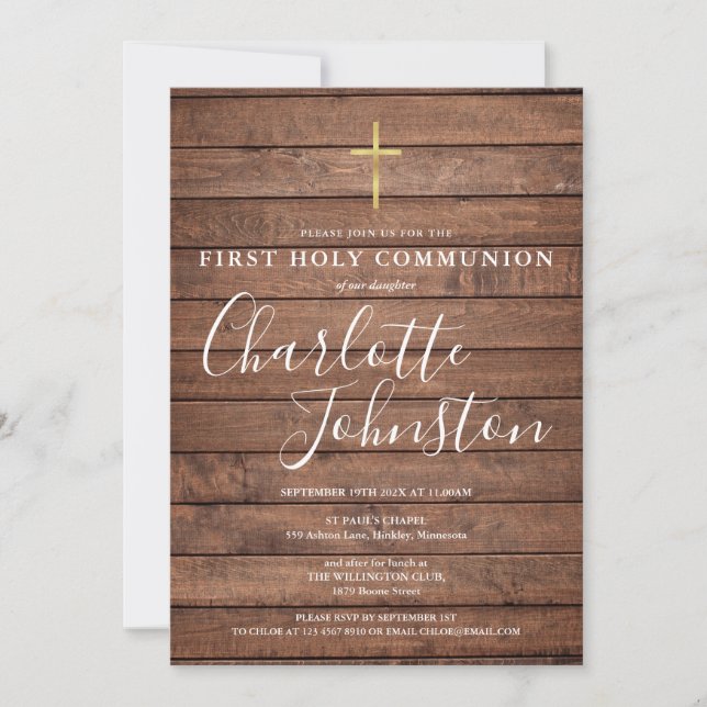 Rustic Wood Signature Script First Holy Communion Invitation (Front)