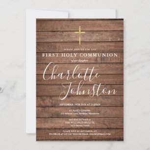 Rustic Wood Signature Script First Holy Communion Invitation
