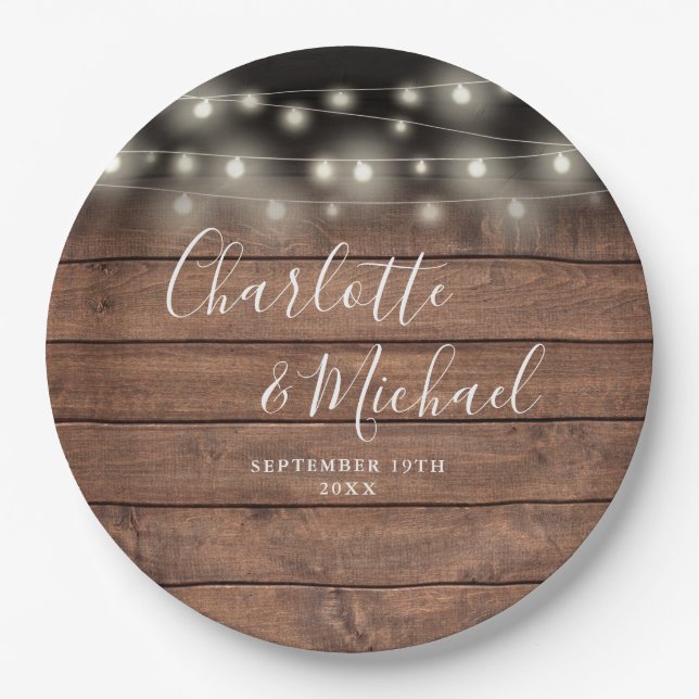 Rustic Wood Signature Script Wedding Paper Plate (Front)