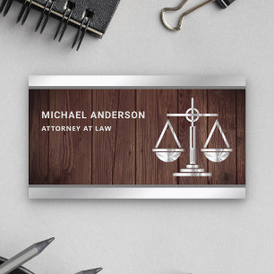 Rustic Wood Silver Justice Scale Lawyer Attorney Business Card