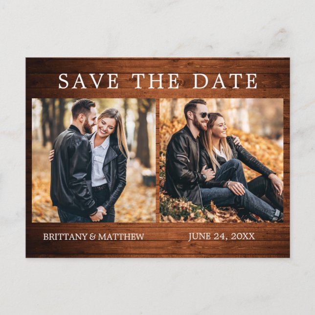 Rustic Wood Simple 2 Photo Save The Date Postcard (Front)