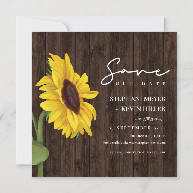 Rustic Wood Simple Sunflower Wedding Save The Date (Front)