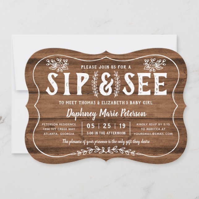 Rustic Wood Sip and See Baby Shower Invitation (Front)