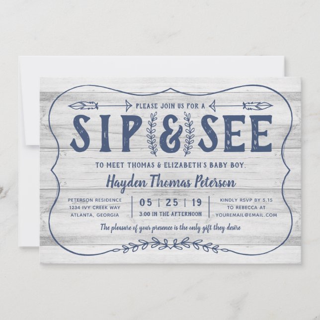 Rustic Wood Sip and See Baby Shower Invitation (Front)
