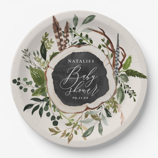 Rustic wood slice baby shower party paper plate (Front)