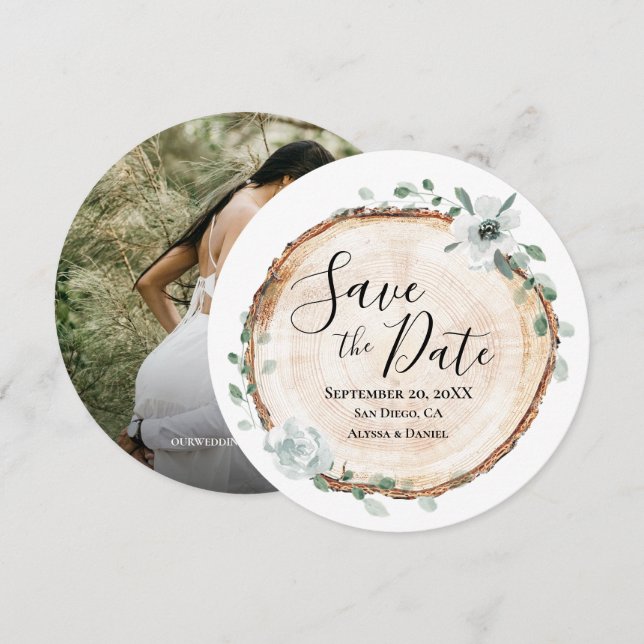 Rustic Wood Slice Botanical PHOTO Save the Date  Invitation (Front/Back)
