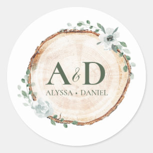 Rustic Wood Slice Botanical Wedding Monogram Classic Round Sticker