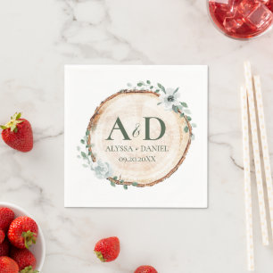 Rustic Wood Slice Botanical Wedding Monogram Napkin