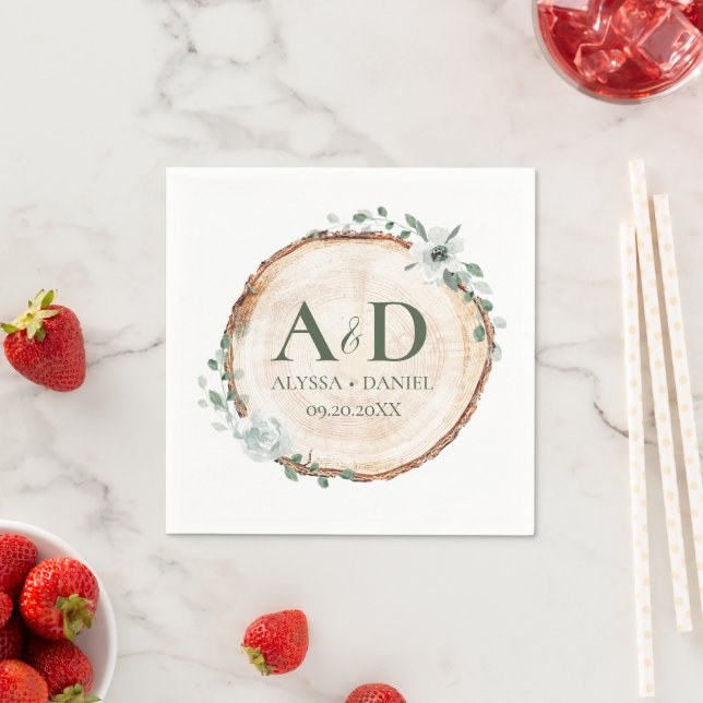 Rustic Wood Slice Botanical Wedding Monogram  Napkin (Insitu)