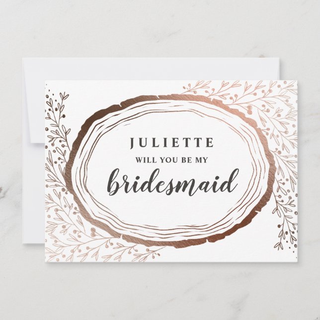 Rustic Wood Slice Copper Bridesmaid Proposal Card (Front)
