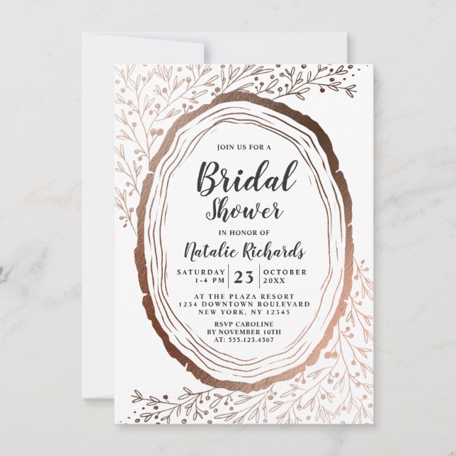 Rustic Wood Slice Copper Foil Autumn Bridal Shower Invitation (Front)