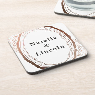 Rustic Wood Slice Copper Foil Autumn Fall Monogram Coaster
